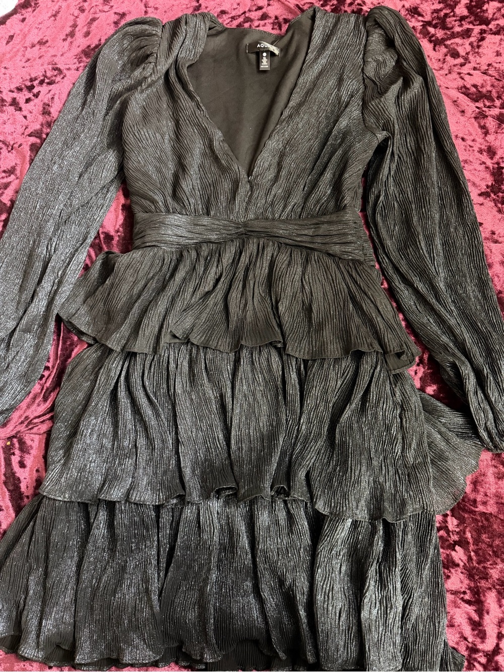 Aqua Metallic Black Tiered V-Neck Long Sleeve Dress